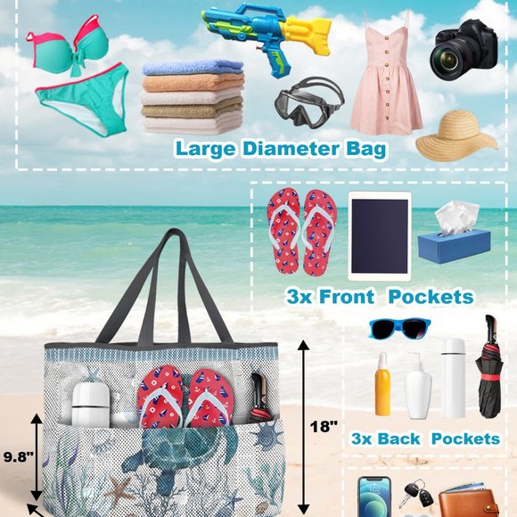 Large Sea Turtle Patterned 7 Pocket Mesh Sand-Proof Beach Bag - Picture 4 of 6